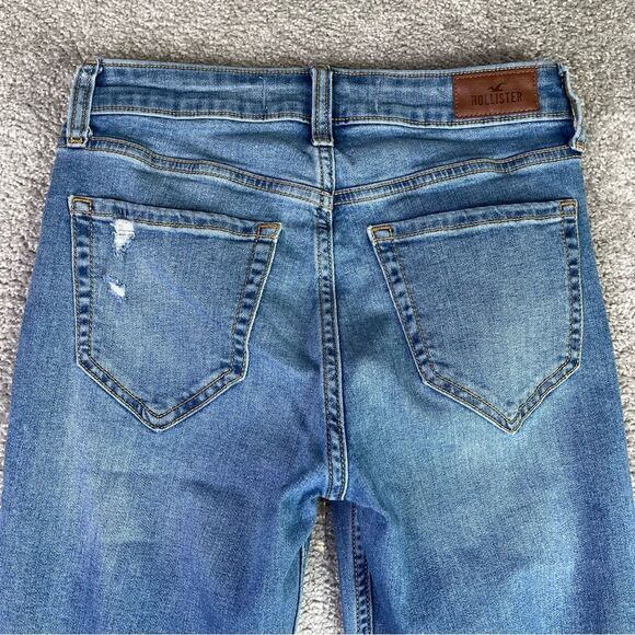 Hollister Jeans Women’s 4 Long Blue Flare High Rise Medium Wash Ripped Stretch - Picture 4 of 12